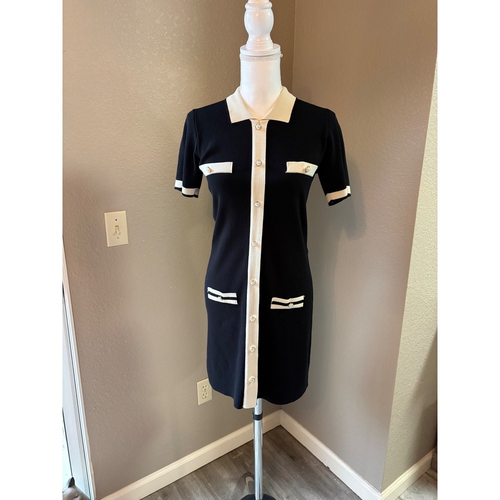 Cider Black Cream Knit Button Front Mod Dress Pearl Buttons M - Picture 1 of 8